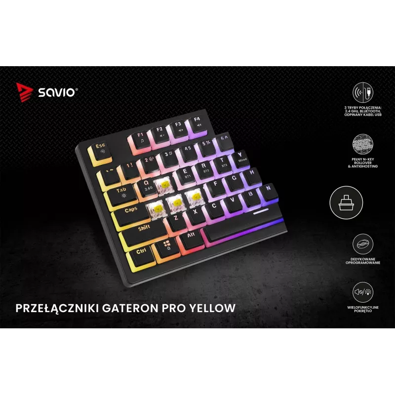 Belaidė mechaninė klaviatūra Savio SAVGK-PHENIX YELLOW PUDDING, Gateron Yellow Pro, 75 %, geltona, USB