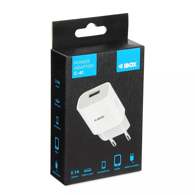 Įkroviklis iBOX C-41 USB 2A, 1 USB prievadas, microUSB laidas, Baltas