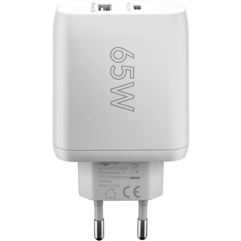 USB-C dvigubas greitas įkroviklis, PD, GaN, 65 W (baltas, 1x USB-C, 1x USB-A, Power Delivery)