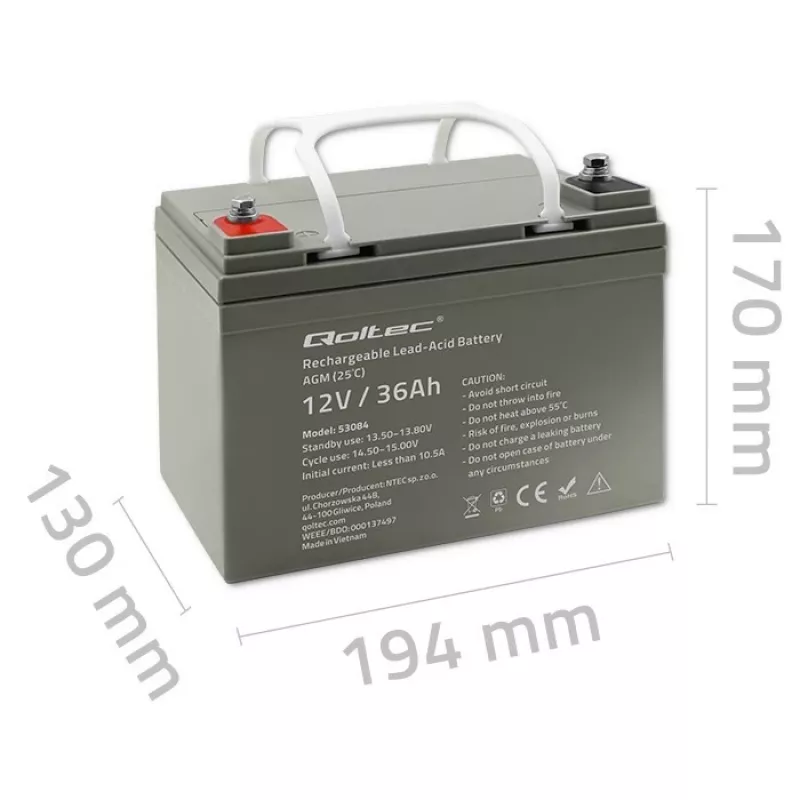 Sandarus AGM UPS akumuliatorius QOLTEC 53084 12V 36Ah LongLife