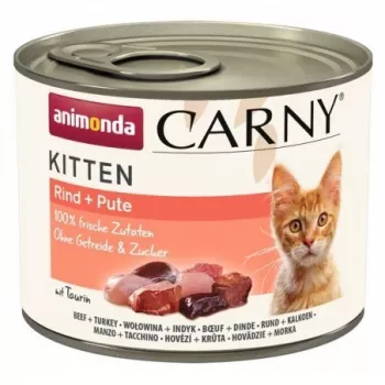 Šlapias kačių ėdalas animonda Carny Kitten Beef with Turkey 200 g – pilnavertis pašaras kačiukams, 80% drėgmės, 10,5% baltymų