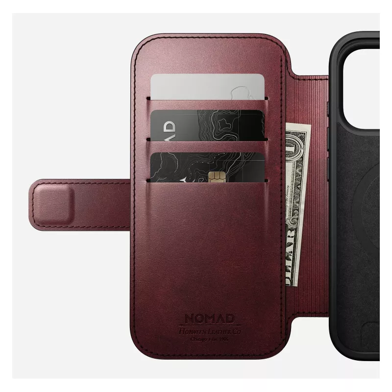 Mobiliojo telefono dėklas Nomad Modern Leather Folio, skirtas Apple iPhone 17 Pro, 6,3 colio (16 cm), odinis, bordo spalvos
