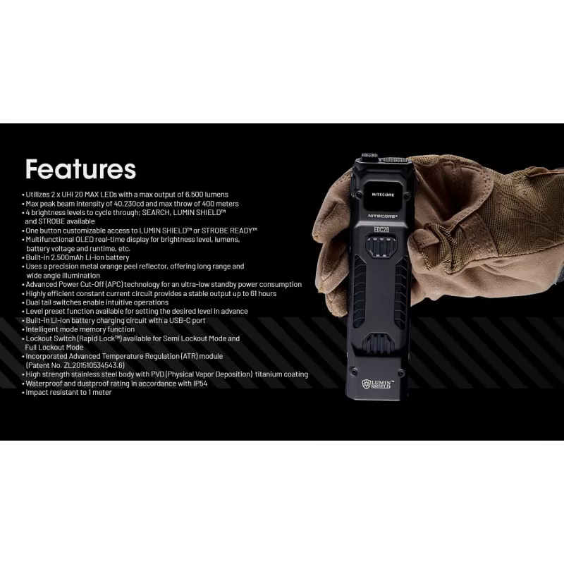 Kišeninis žibintuvėlis Nitecore EDC29, nerūdijančio plieno korpusas, 2 LED, 15–6500 lm, IP54, USB įkraunamas