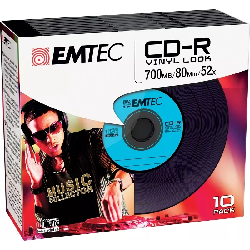 EMTEC Vinyl Look - 10 vnt. CD-R - 700 MB (80 min) 52x - mėlyna, geltona, alyvinė, žalia, rožinė - plonas jewel dėklas