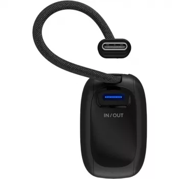 Powerbank 5.000 mAh, integruotas USB-C kabelis 13 cm, 20 W (juodas, 5 Ah, 1x USB-A, 1x USB-C, PD, QC)
