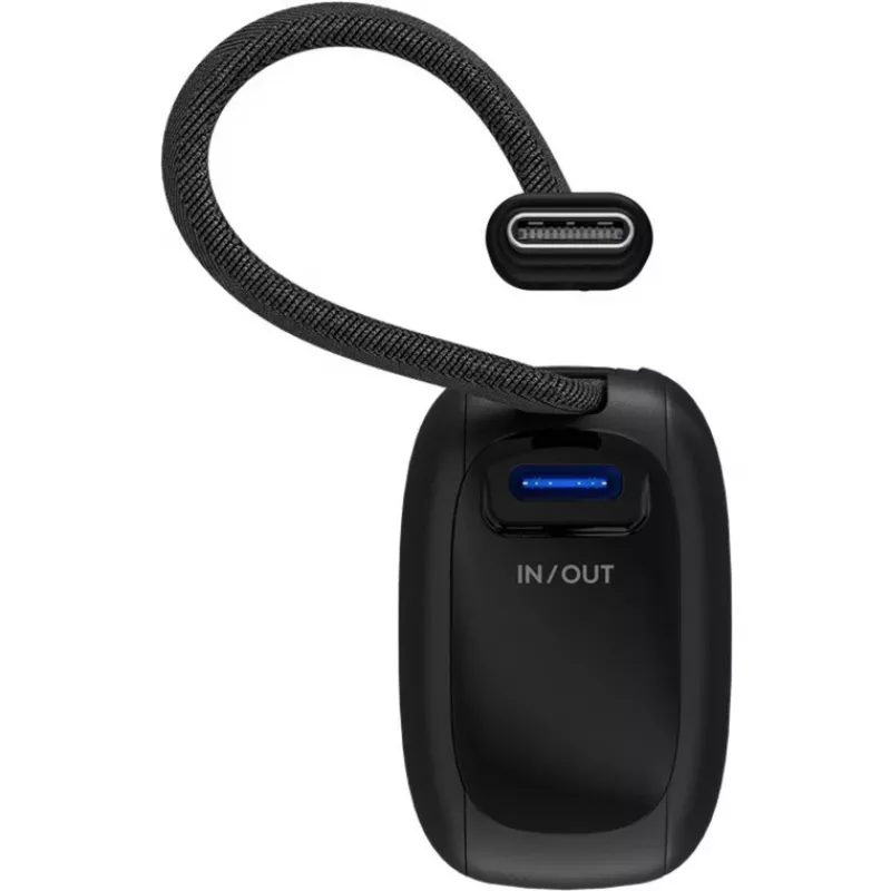 Powerbank 5.000 mAh, integruotas USB-C kabelis 13 cm, 20 W (juodas, 5 Ah, 1x USB-A, 1x USB-C, PD, QC)