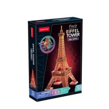 3D dėlionė Cubicfun Eifelio bokštas Night Edition LED 306-L534H – apšviestas architektūrinis 3D modelis