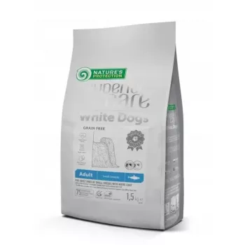 Sausas šunų ėdalas Nature’s Protection White Dogs Herring suaugusiems mažų veislių šunims 1,5 kg – žuvis, 25% baltymų, 16% riebalų, jautrus skrandis, pilnavertis pašaras