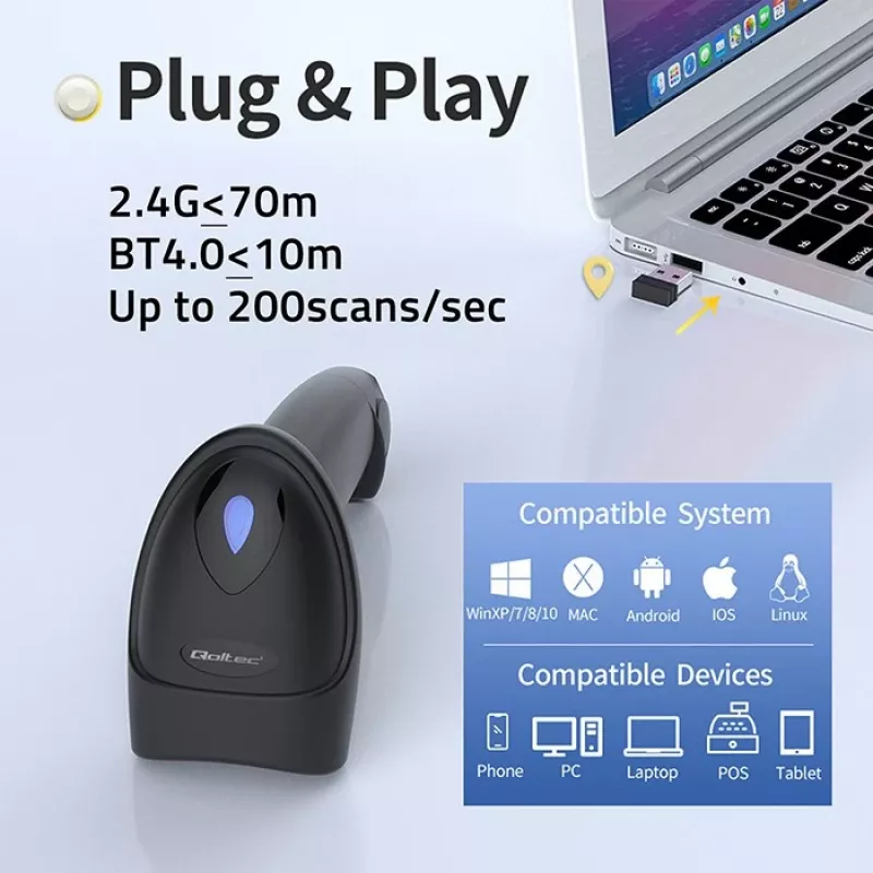Brūkšninių kodų skaitytuvas QOLTEC 50880 1D/2D USB