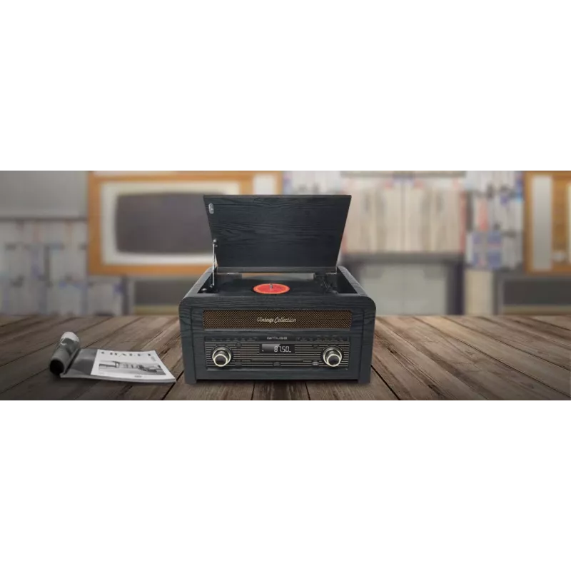 Patefonas muse MT-115 W – juodas/auksinis, 33-45-78 aps./min., J formos tonearmas, sukamas garsumas, 240 V kintamoji srovė
