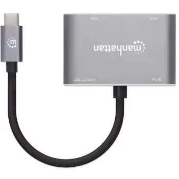 Manhattan USB-C dokų stotelė / šakotuvas, 4 prievadai: HDMI, USB-A, USB-C ir VGA, su Power Delivery (PD) 87W, aliuminis