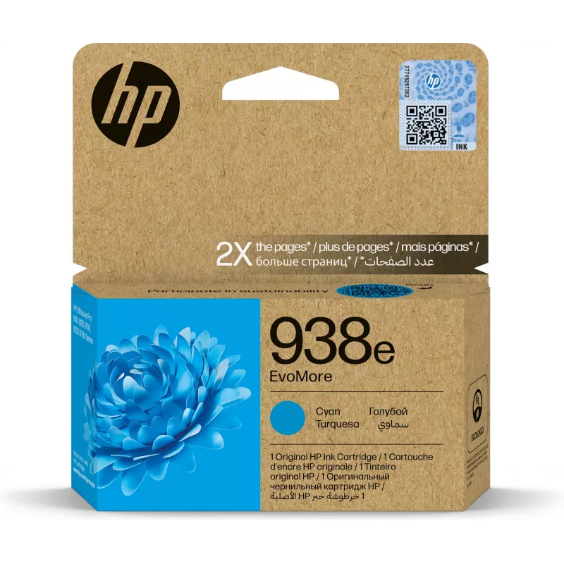 Originali HP 938e EvoMore Cyan kasetė – standartinė talpa, vienetinis paketas, ~1650 puslapių