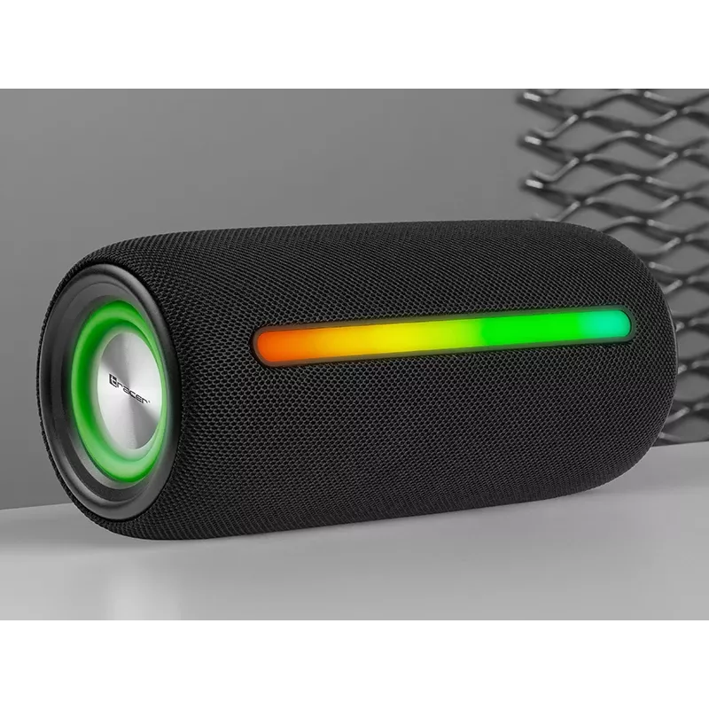 Nešiojamas stereo garsiakalbis TRACER Stripe Black – 10 W RMS, Bluetooth / laidinis, USB-A ir USB-C, MicroSD, įmontuota baterija (iki 5 h)