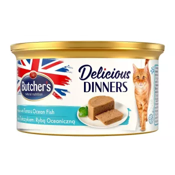 Šlapias kačių ėdalas Butcher's Delicious Dinners Mousse su tunu ir vandenyno žuvimi, skardinė 85 g, suaugusioms katėms, be cukraus ir glitimo