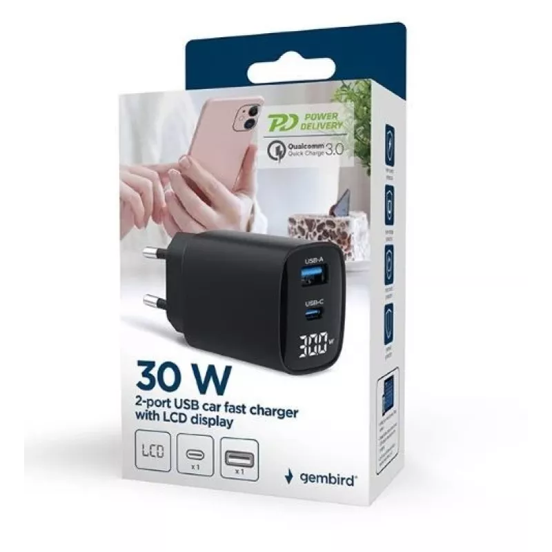 Mobiliojo įrenginio įkroviklis Gembird TA-UC-PDQC30LCD-BK-01 Greitas įkrovimas Juodas