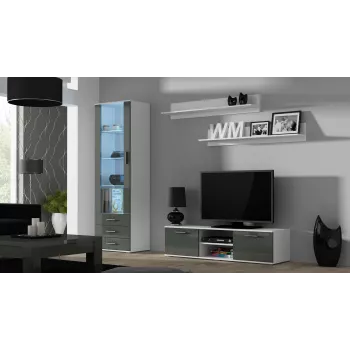 TV stovas cama meble SOHO 140 — 1400×430×370 mm, baltas viršus, medžio drožlių plokštė, baltas rėmas, balta/pilka blizgūs fasadai