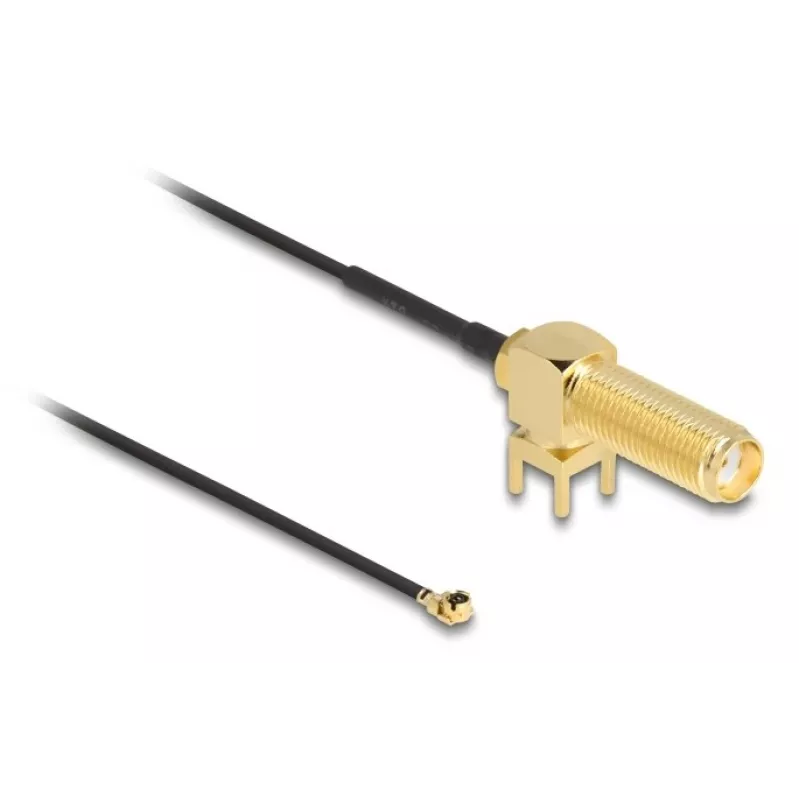 DeLOCK antenos kabelis SMA 90° PCB lizdas pravestinis koaksialinis kabelis 0,15 m I-PEX MHF1 juodas auksinis