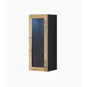 Sieninė vitrina cama meble VIGO 90 su stiklu, 90×35×32 cm, juoda/wotano ąžuolas