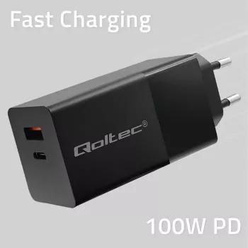 Qoltec 52382 GaN POWER PRO įkroviklis | 1x USB Type-C | 1x USB-A | 100W | 5-20V | 1.5-5A | PD | Juodas