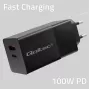 Qoltec 52382 GaN POWER PRO įkroviklis | 1x USB Type-C | 1x USB-A | 100W | 5-20V | 1.5-5A | PD | Juodas
