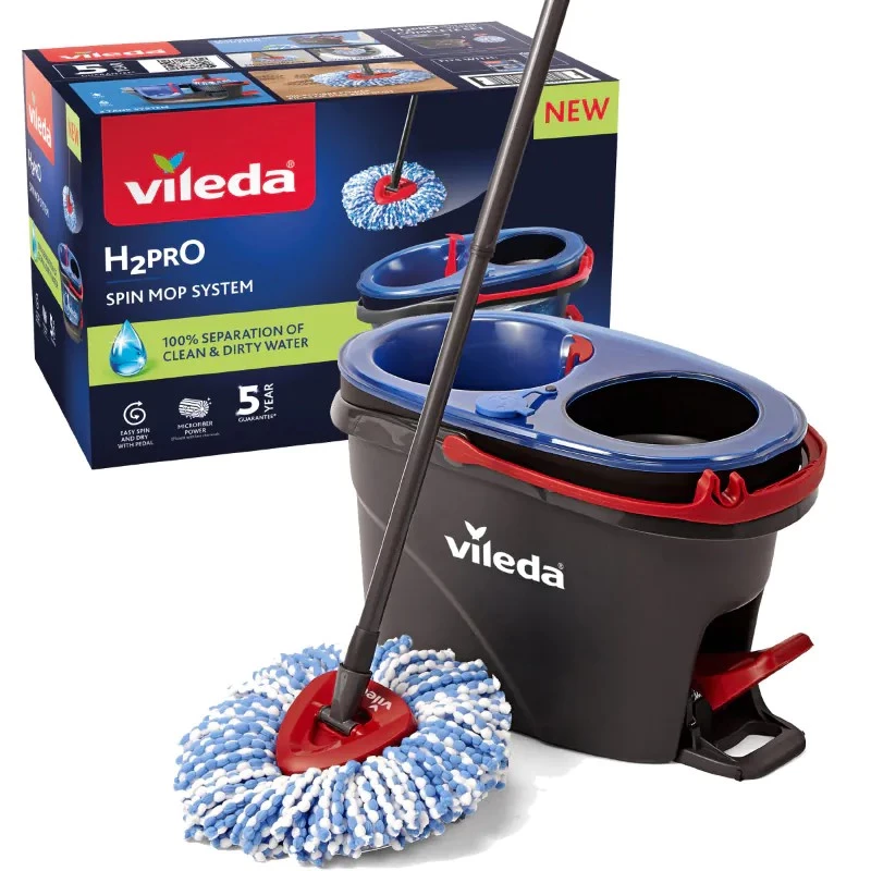 Grindų šluotražė VILEDA Microfibre 320 mm, teleskopinis kotas 55–123 cm, skalbiama, 360° besisukanti galvutė, juoda/mėlyna/raudona