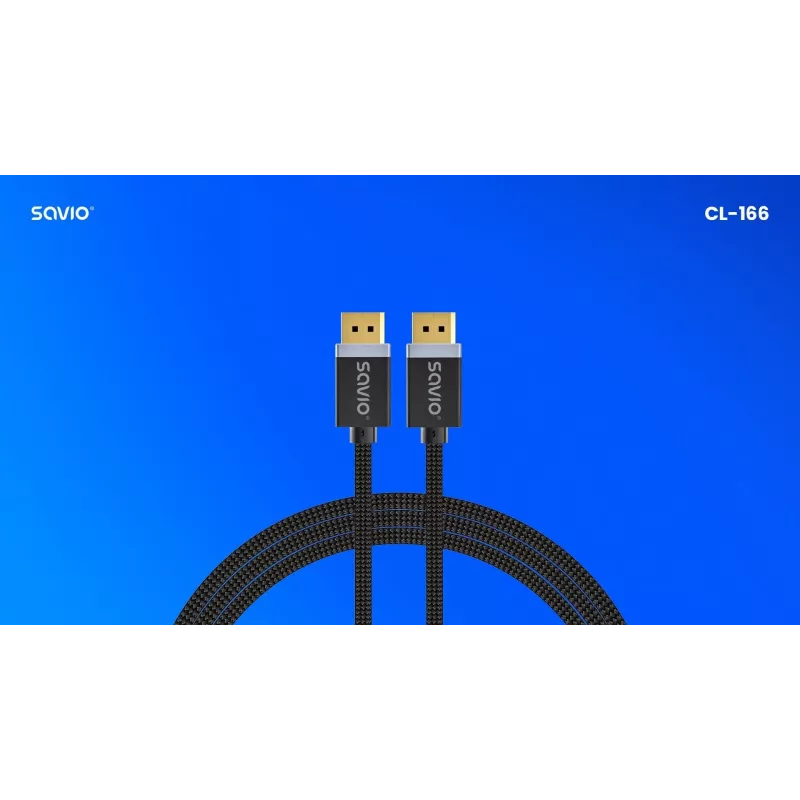 DisplayPort kabelis SAVIO CL-166 2 m Juodas — DisplayPort 1.4, kištukas-kištukas, paauksuoti kontaktai