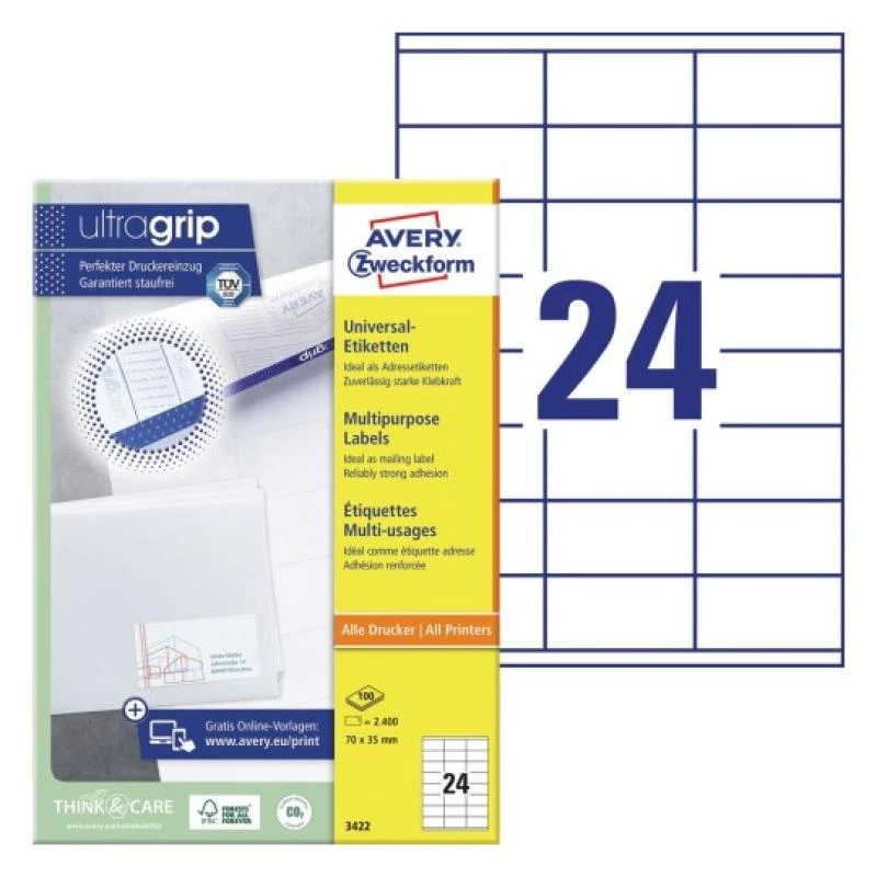 Universali etiketė 70x35mm rašaliniams/lazeriniams spausdintuvams, kopijavimo aparatams, A4, 100 lapų, 2400 vnt., balta