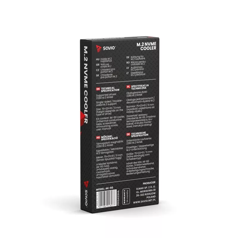 Oro aušintuvas SAVIO M.2 NVMe 2280 AK-60 Juodas šilumos šalintuvas 22x80 mm SSD