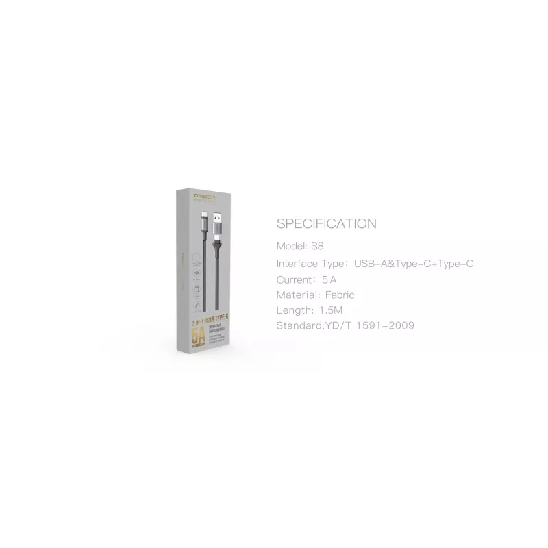 USB Type-C 2-in-1 laidas Orsen S8, 5A, 1,5 m (greitas įkrovimas/duomenys)