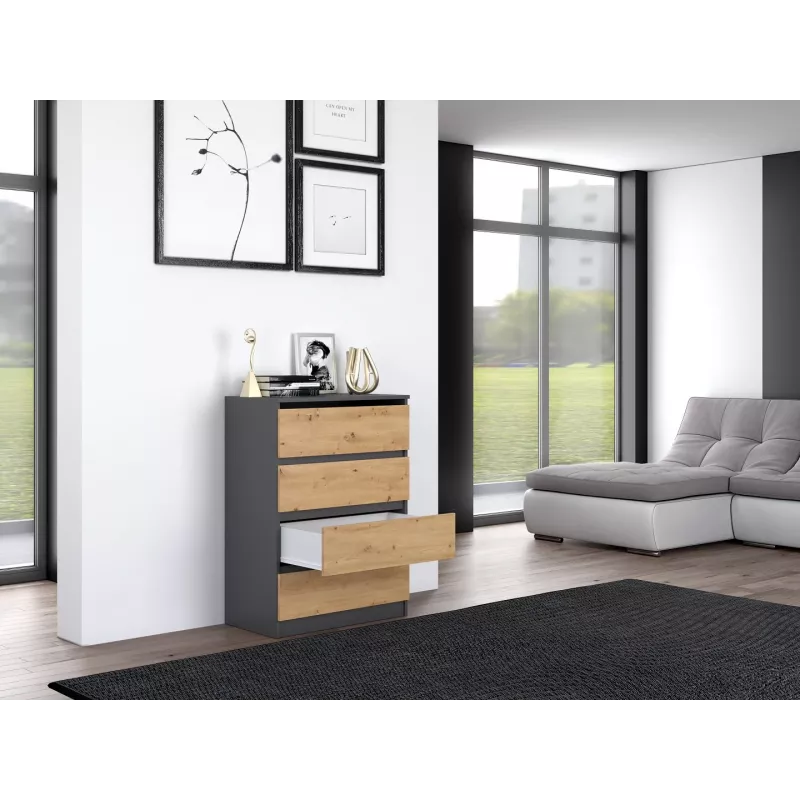 Komoda Top e Shop M4 ANTRACYT/ARTISAN — 4 stalčiai, antracitinė ir ąžuolo apdaila, 700×400×970 mm, medžio drožlių plokštė