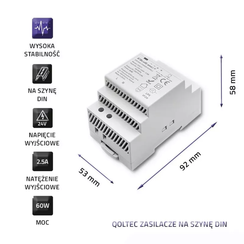 Maitinimo šaltinis DIN bėgiui QOLTEC 24V 2.5A 60W pilkas
