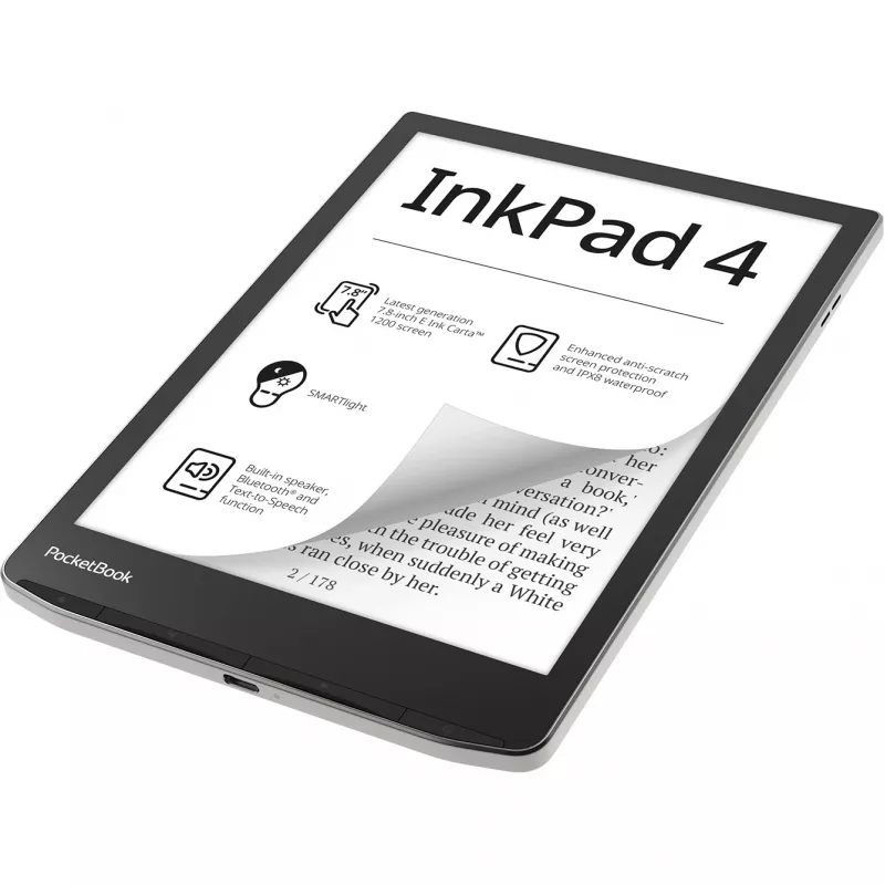 PocketBook InkPad 4 – 19,8 cm (7,8 colio) E-Ink Carta skaityklė, 1404 × 1872 px, palaiko ACSM, AZW, AZW3, CBR, CBZ, CHM, DOC, DOCX, DjVu, EPUB, EPUB DRM, FB2, FB2.ZIP, HTM, HTML, MOBI