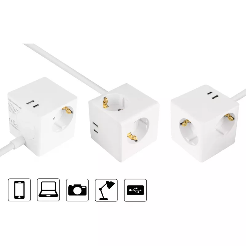 Kabelmeister SW01-W030 lizdų blokas kubo formos, 3x Schuko, USB-C (20 W, PD 3.0) + USB-A (18 W), 3 m kabelis, baltas