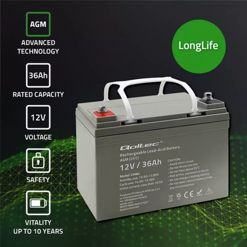 Sandarus AGM UPS akumuliatorius QOLTEC 53084 12V 36Ah LongLife