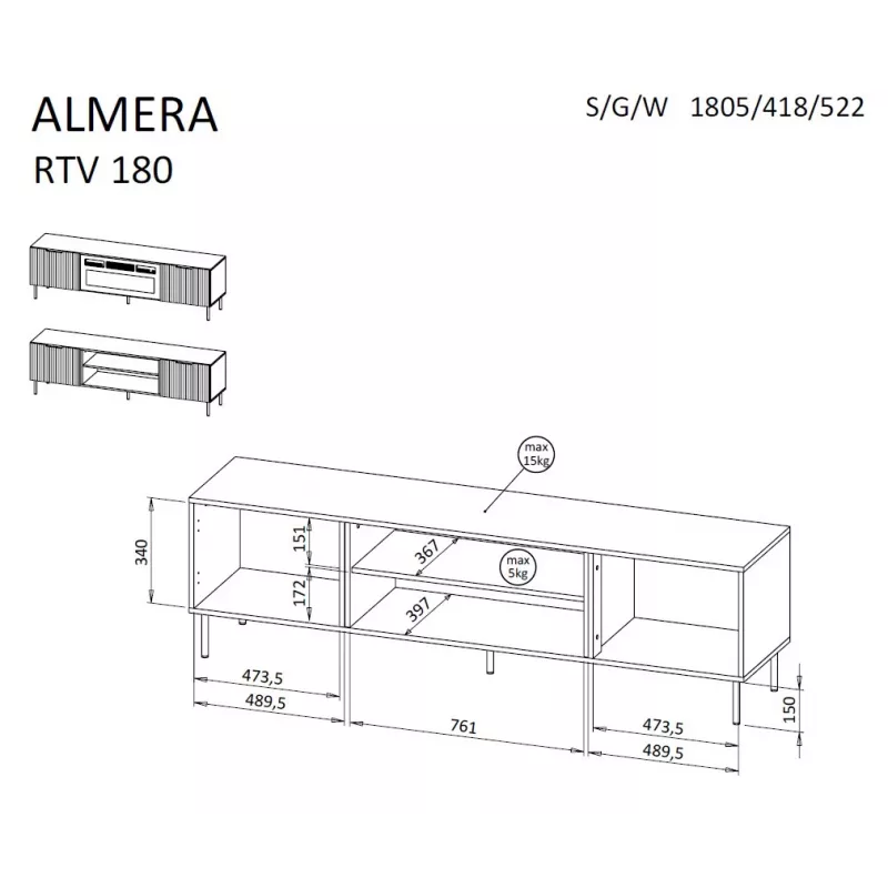 Spintelė televizoriui Cama ALMERA 180.5×42×52.5 cm riešutas/kreminė – medžio drožlių plokštės viršus, riešutmedžio rėmas
