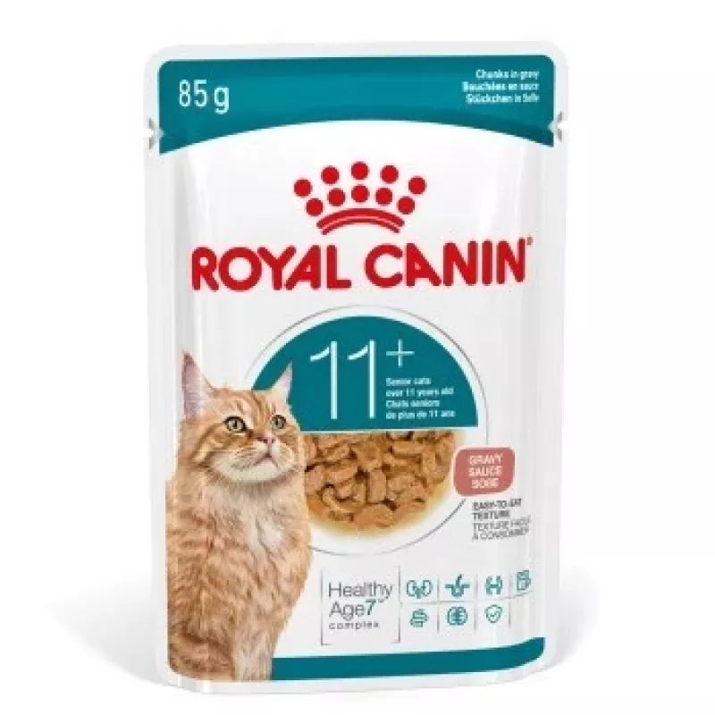 Šlapias kačių ėdalas Royal Canin FHN Ageing 11+ Gravy 12×85 g – senjorams skirti pilnaverčiai dubenėliai