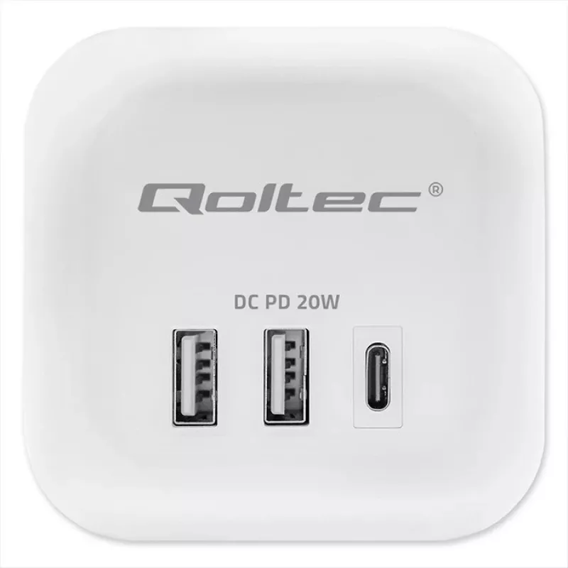 QOLTEC 52548 ilgintuvas su 3×AC lizdais ir USB prievadu