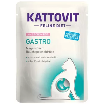 KATTOVIT Gastro veterinarinis sausas ėdalas katėms 85 g – Ryžiai ir lašiša, suaugusioms, be glitimo, 8% baltymų