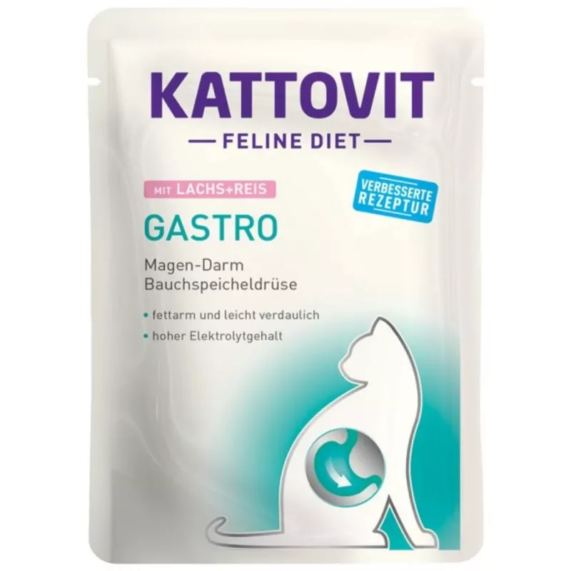KATTOVIT Gastro veterinarinis sausas ėdalas katėms 85 g – Ryžiai ir lašiša, suaugusioms, be glitimo, 8% baltymų