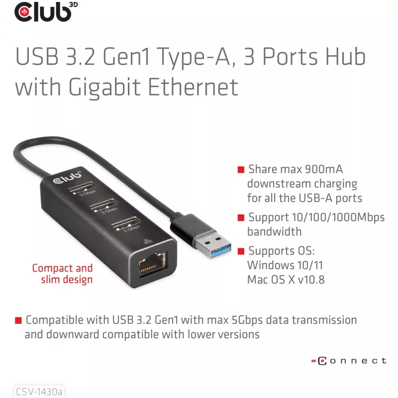 USB šakotuvas CLUB3D USB 3.2 Gen1 Type-A 3 prievadai su Gigabit Ethernet