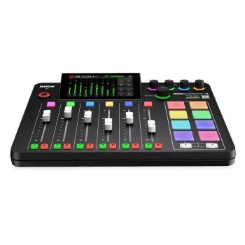 Studijo valdiklis RØDE Caster Pro II juodas — 4 XLR/TRS kombinuotos jungtys, 4 ausinių išėjimai, 8 pagalvėlės, jutiklinis ekranas, Wi‑Fi, Bluetooth, USB‑C