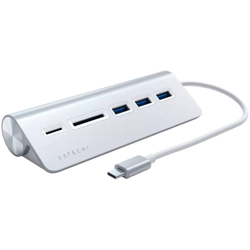 Satechie Type-C aliuminio USB centras ir kortelių skaitytuvas, sidabrinis, ST-TCHCRS