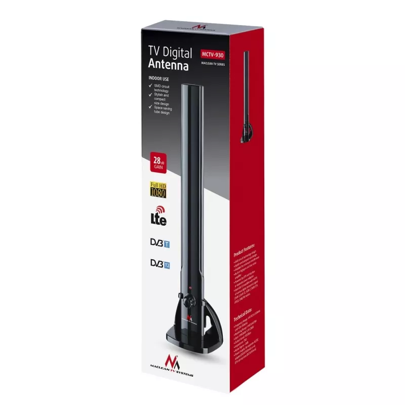 Vidinė TV antena MACLEAN MCTV-930 — DVB-T, VHF 87.5–230 MHz, UHF 470–790 MHz, VHF 26 dB / UHF 28 dB, 75 Ω, juoda