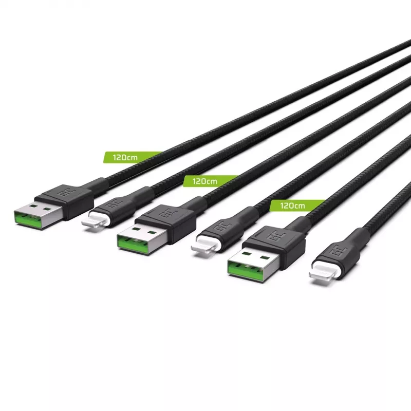 Green Cell KABGCSET05 1,2 m juodos spalvos USB-A – Lightning laidas (3 vnt.)