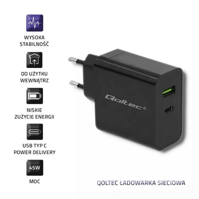 Maitinimo adapteris QOLTEC 51717 45W 20V 3A AC vidinis įkroviklis išmaniesiems laikrodžiams, juodas