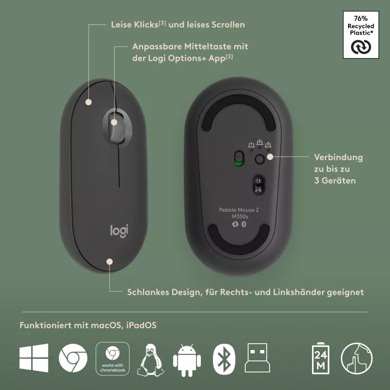 Belaidis klaviatūros ir pelės rinkinys Logitech Pebble 2 Combo QWERTZ vokiškas grafitas