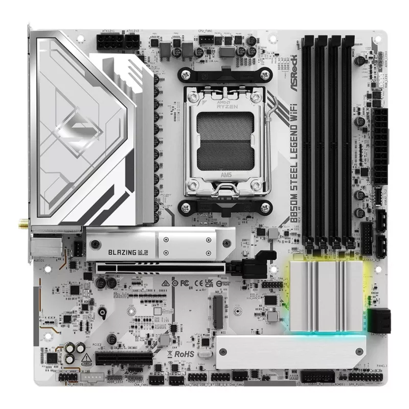 Motininė plokštė ASRock B850M Steel Legend WiFi — AMD B850, lizdas AM5, microATX, DDR5, 4 DIMM, Wi‑Fi 7, 2.5Gb LAN