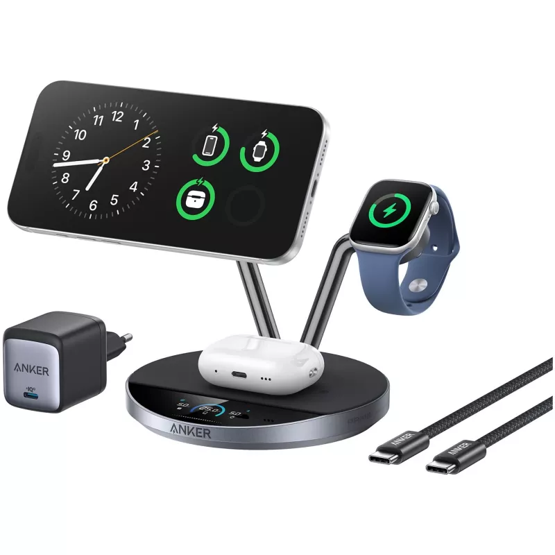 Anker Prime belaidė įkrovimo stotelė Qi2.2 25W (3-in-1, MagGo, AirCool, Dock Stand) su maitinimo bloku
