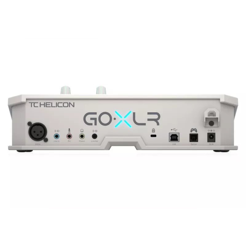USB garso maišytuvas TC‑Helicon GO XLR‑WH baltas – 1 XLR mikrofono įėjimas, USB‑B, 48 V fantominis maitinimas, 24 bitų/48 kHz, optinis išėjimas