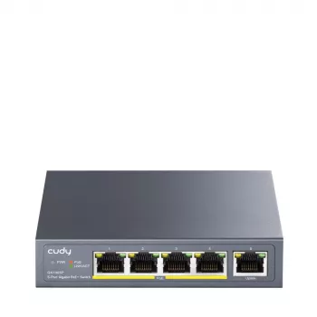 Cudy GS1005P tinklo jungiklis – 5 prievadų Gigabit Ethernet su 4 PoE prievadais, 60 W, metalinis korpusas, montuojamas į stelažą